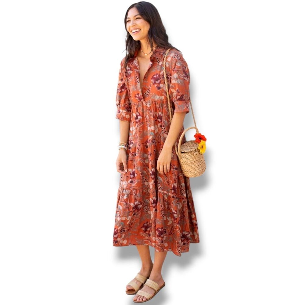 Natural Life Rebecca Midi Dress Orange Tropical Floral Women's Size M Boho